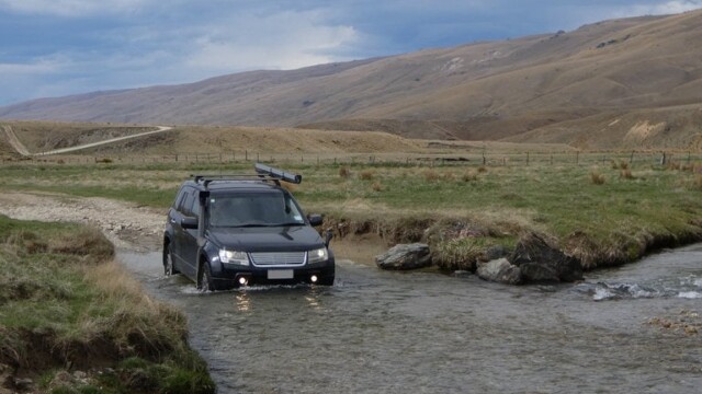 Jumping into one of the water crossings. starting into one of the water crossings