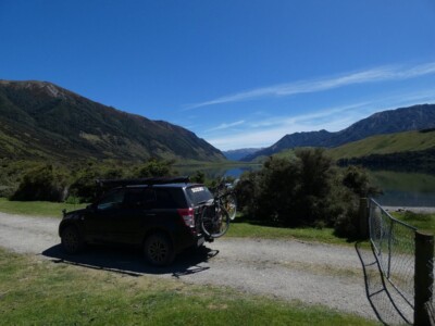 On Lake Sumner road heading around Lake Taylor My Escudo on the road just past a gate looking with Lake Taylor in the background